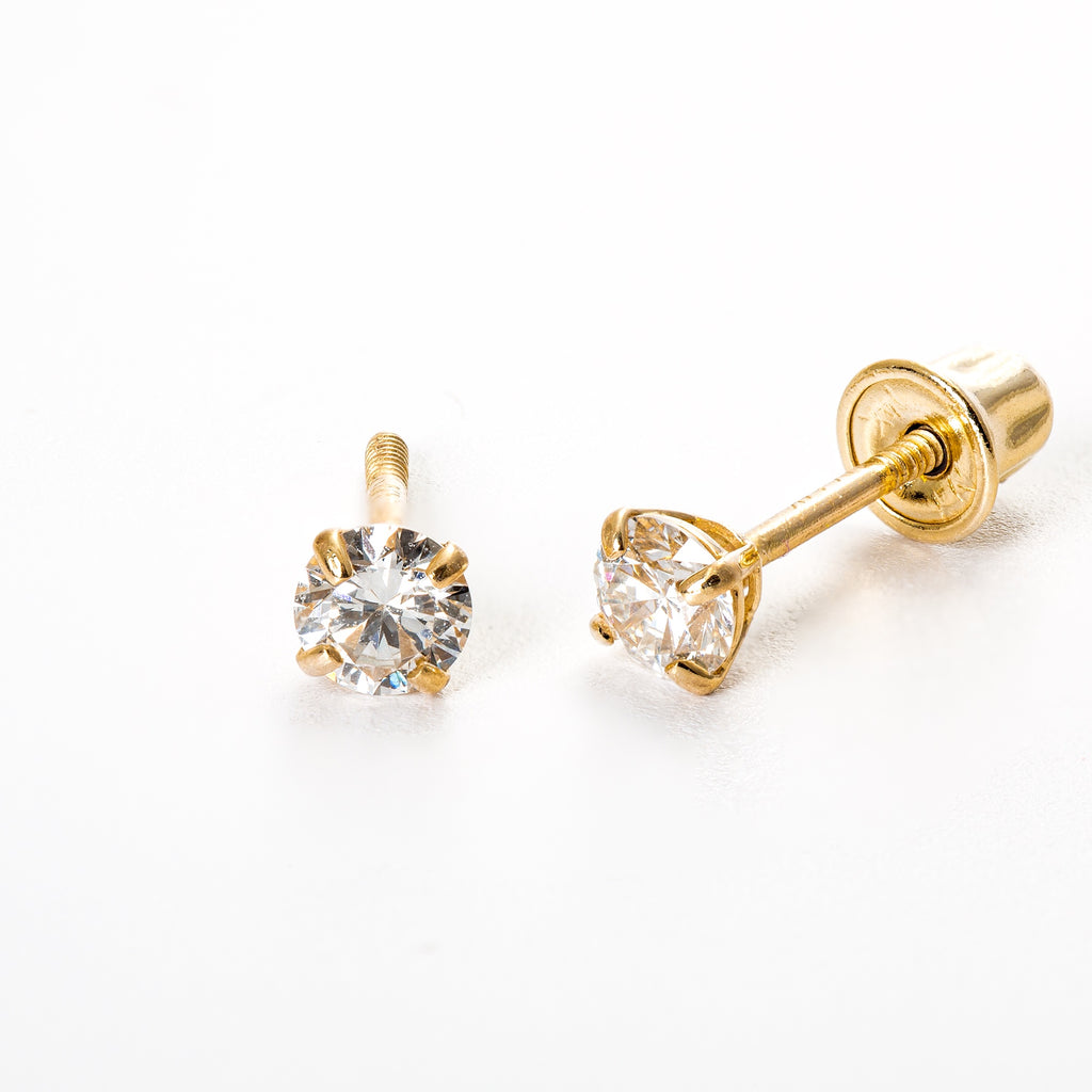 14ct Solid Gold Stud Earrings with Round CZ stone - Yellow Gold