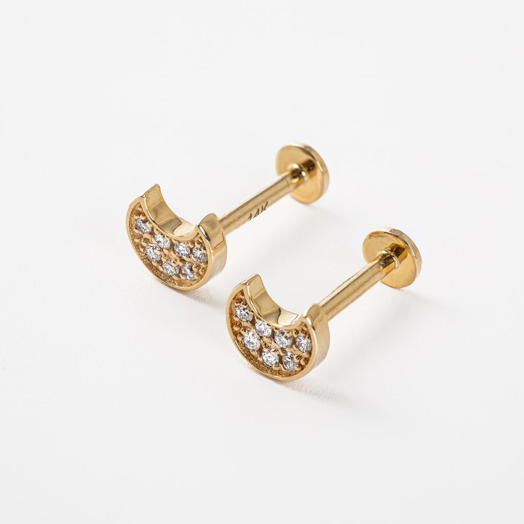 14ct Solid Gold Diamond Moon Stud Earrings