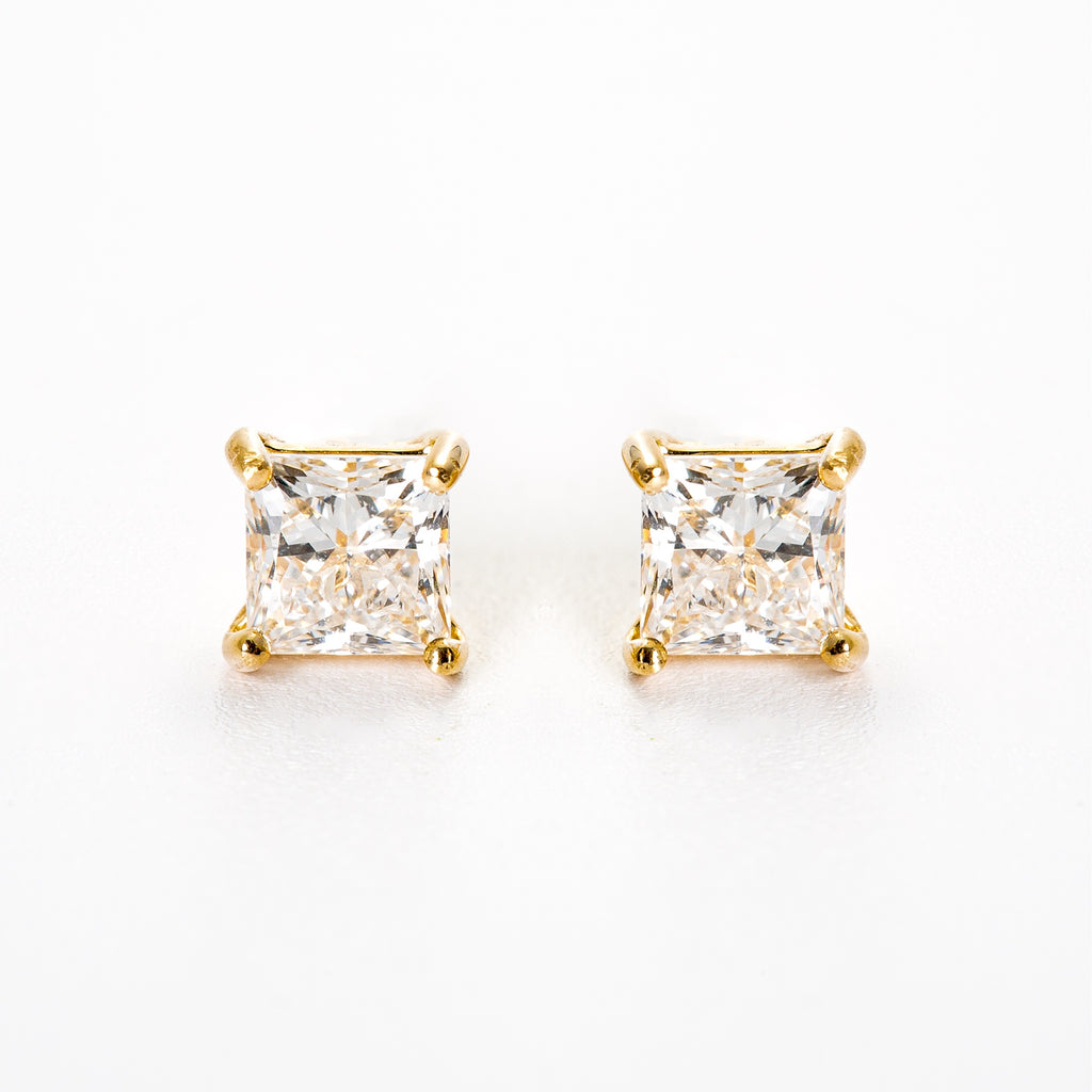 14ct Solid Gold Princess Cut Diamond Stud Earrings - Yellow Gold