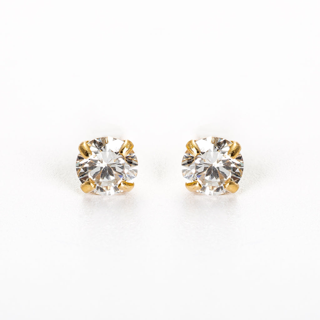 14ct Solid Gold Stud Earrings with Round CZ stone - Yellow Gold