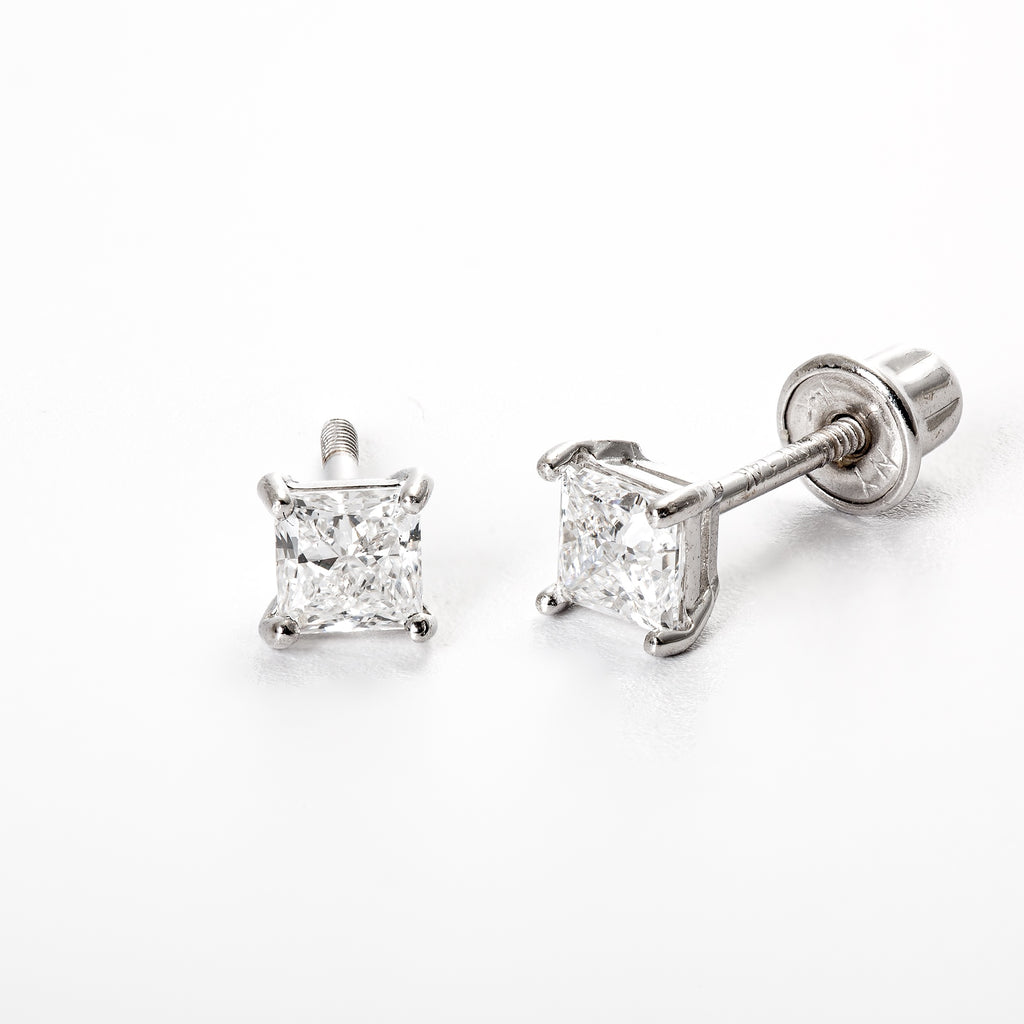 14ct Solid Gold Princess Cut Diamond Stud Earrings - White Gold