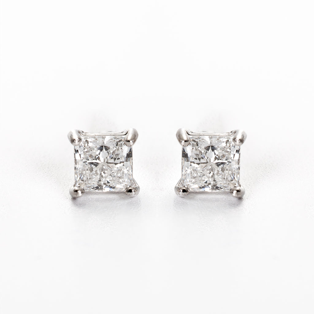14ct Solid Gold Princess Cut Diamond Stud Earrings - White Gold