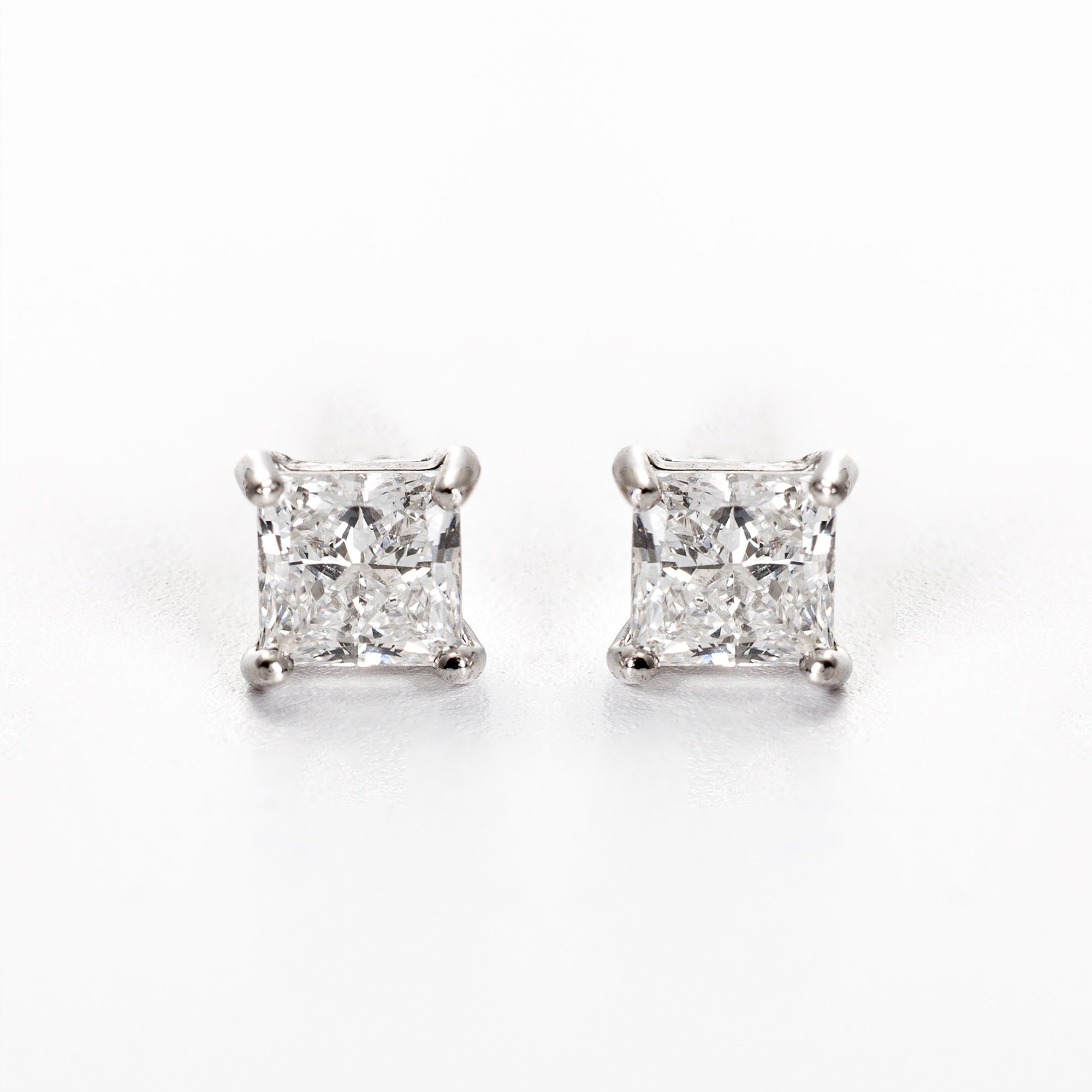 14ct Solid Gold Princess Cut Diamond Stud Earrings - White Gold