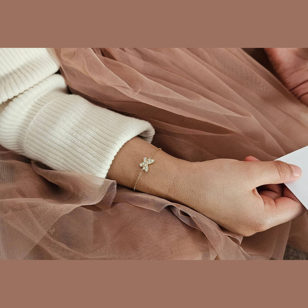 14ct Solid Gold & Diamond Butterfly Bracelet