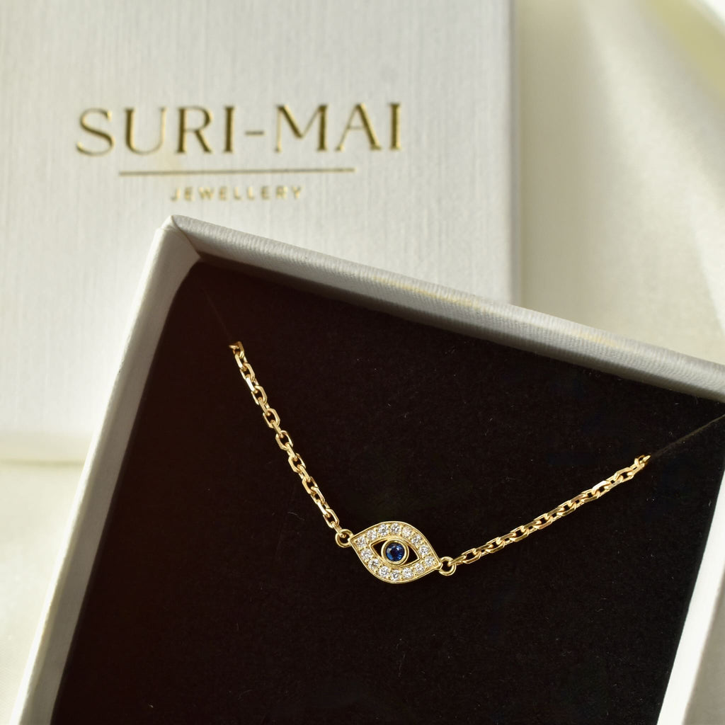 Evil Eye Bracelet - 18ct Solid Gold, Lab Diamonds and Sapphire - Adult