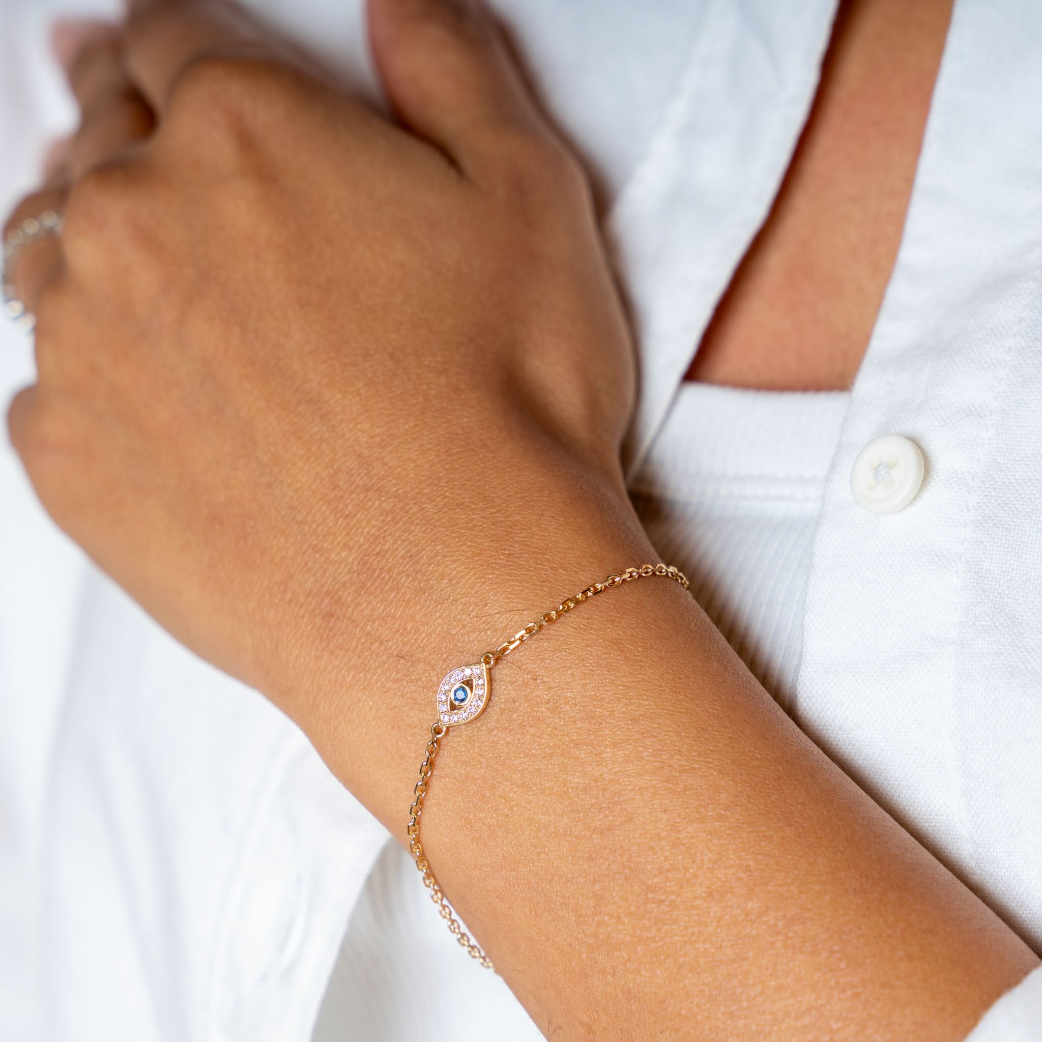 Evil Eye Bracelet - 18ct Solid Gold, Lab Diamonds and Sapphire - Adult