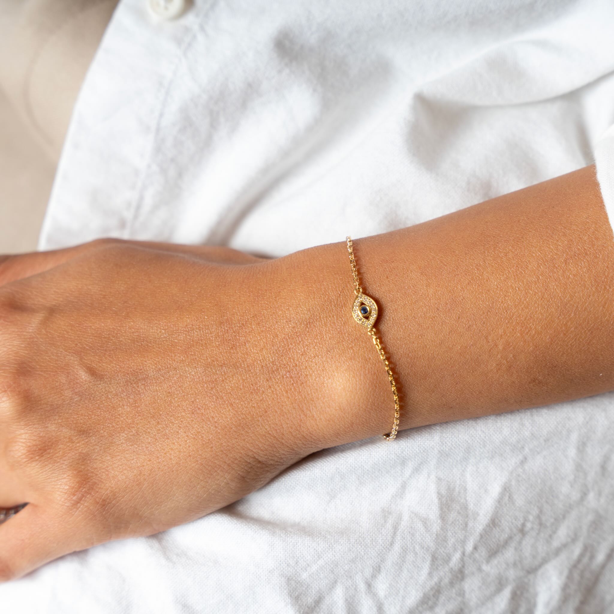 Evil Eye Bracelet - 18ct Solid Gold, Lab Diamonds and Sapphire - Adult