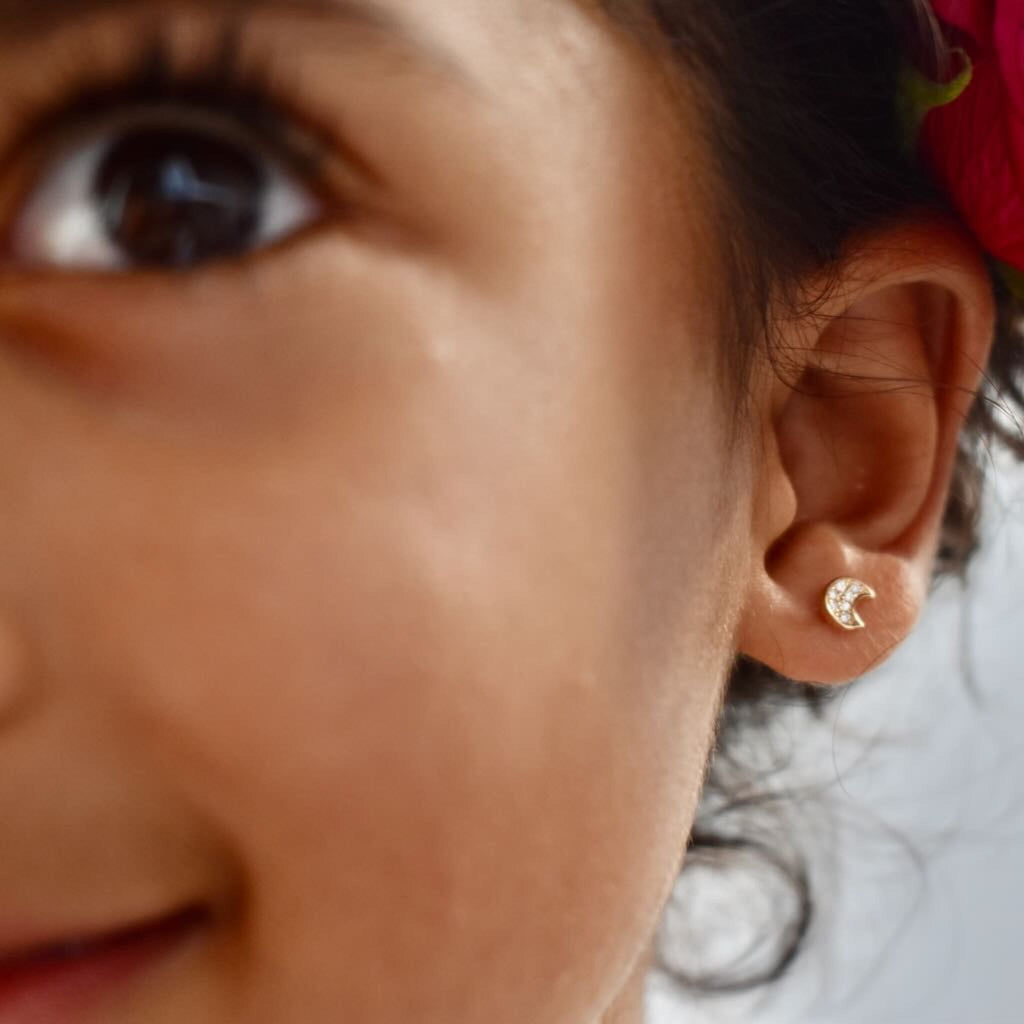 14ct Solid Gold Diamond Moon Stud Earrings