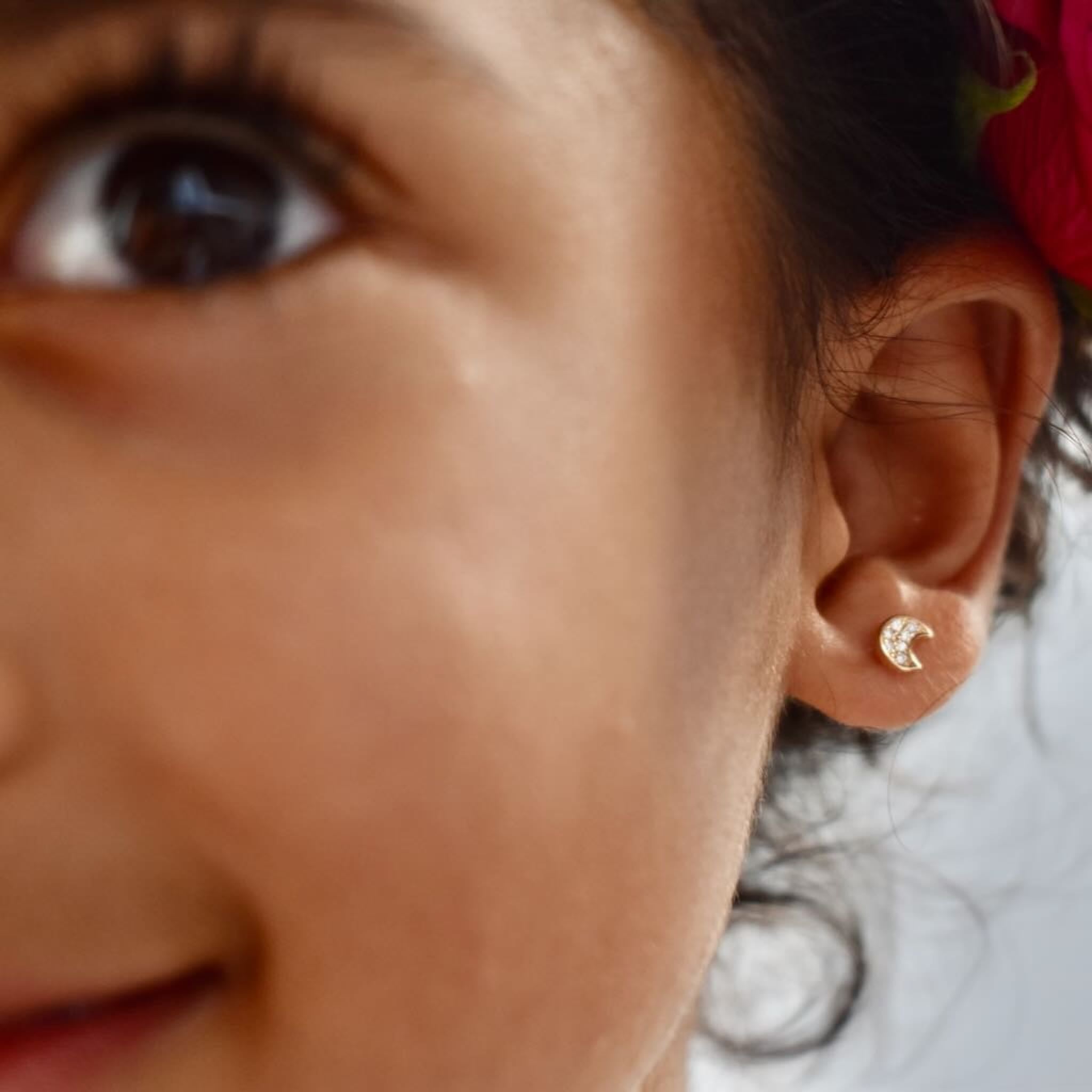 14ct Solid Gold Diamond Moon Stud Earrings