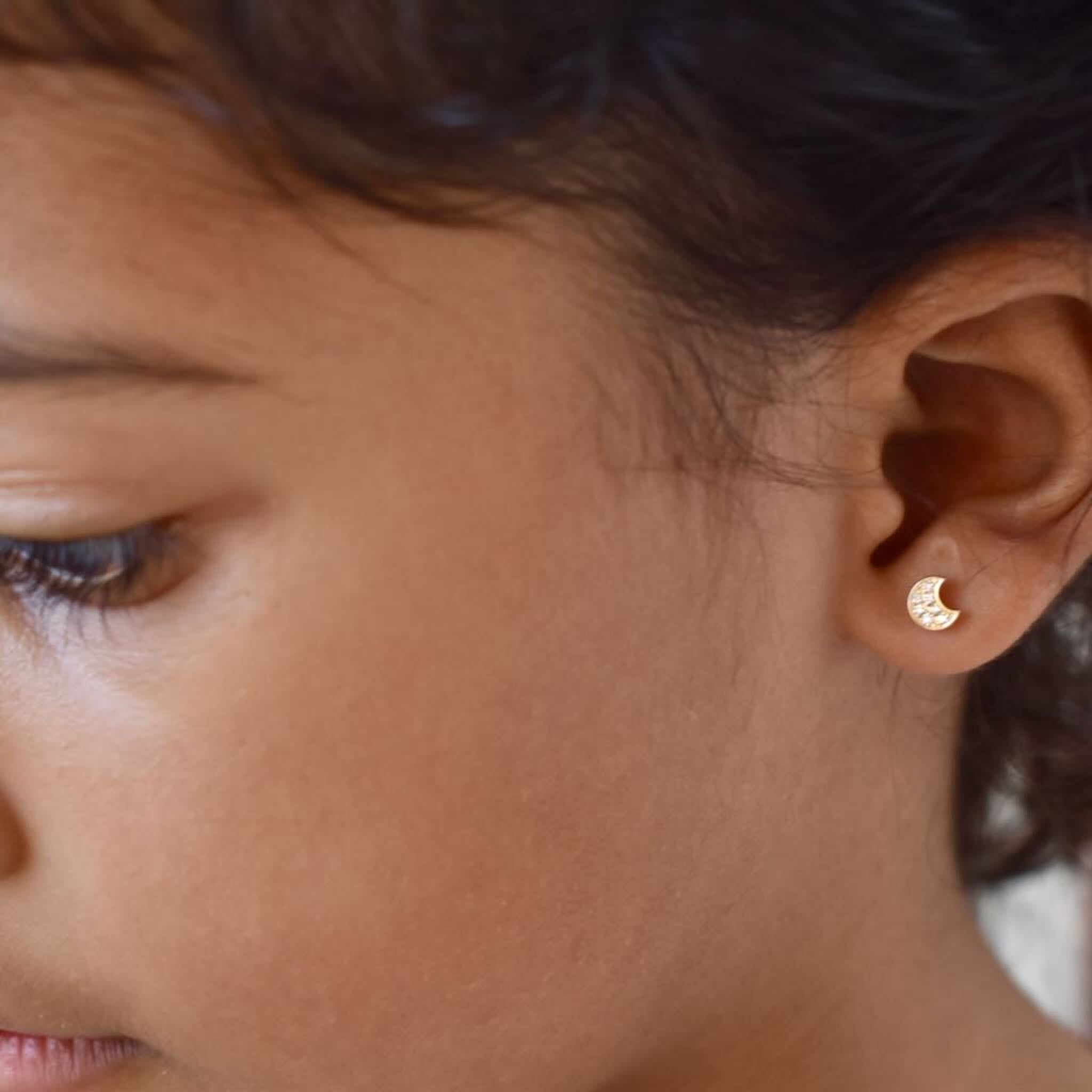 14ct Solid Gold Diamond Moon Stud Earrings